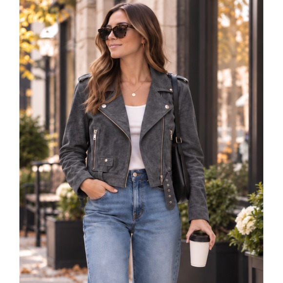 BLANKNYC Jackets & Blazers - BLANKNYC Suede Moto Jacket Womens S Gray Leather Biker Cropped Belted Zip Coat